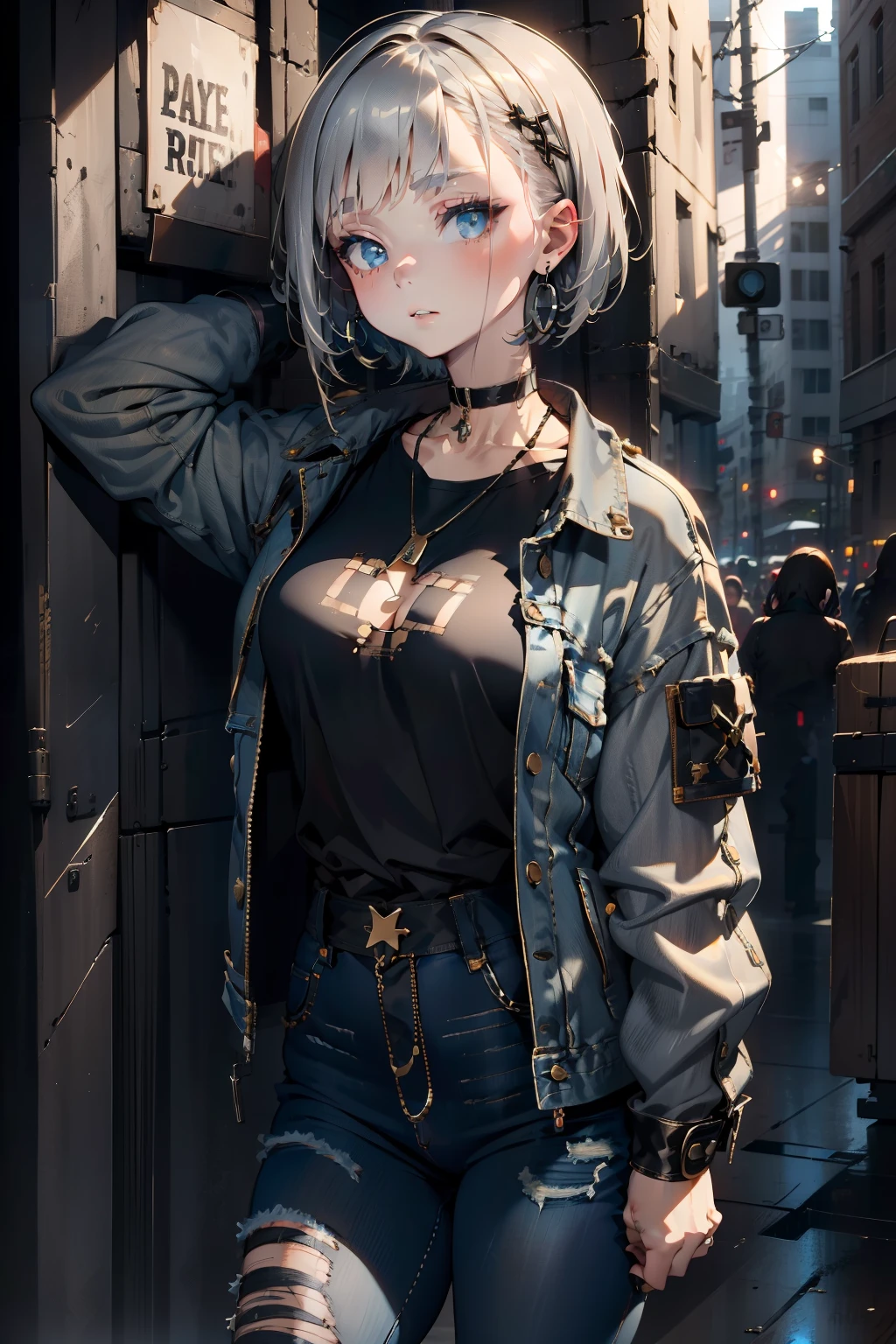 (masterpiece:1.2, best quality), (1lady, solo, upper body:1.2), Hair: buzz cut, Clothing: oversized, distressed denim jacket with patches and pins, paired with black skinny jeans and combat boots, Accessories: silver hoop earrings and a black choker necklace, Hanging out in an underground music venue or street art exhibit