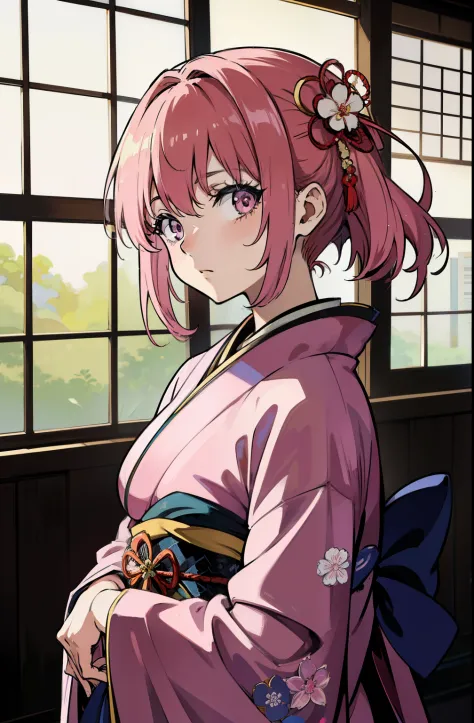 (masterpiece, flawless quality:1.2, anime style), kimono, mature, pink hair, sad, formal, tied up hair, hair accessories, japane...