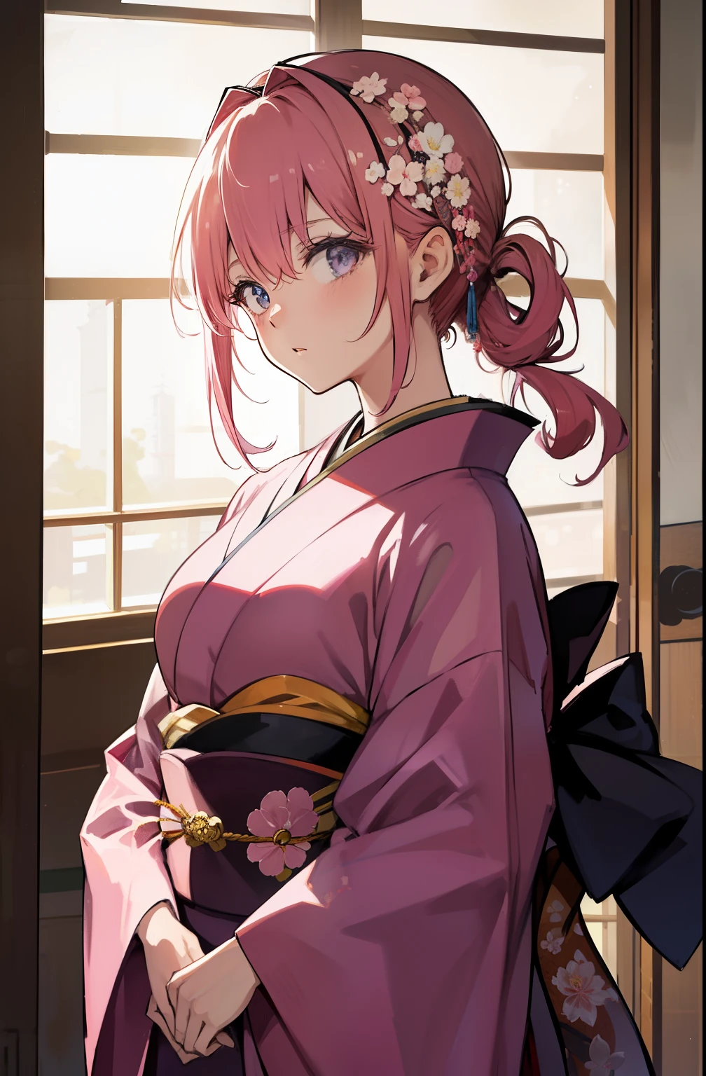 (masterpiece, flawless quality:1.2, anime style), kimono, mature, pink hair, sad, formal, tied up hair, hair accessories, japanese, large bust, indoors, looking at viewer, japanese architecture