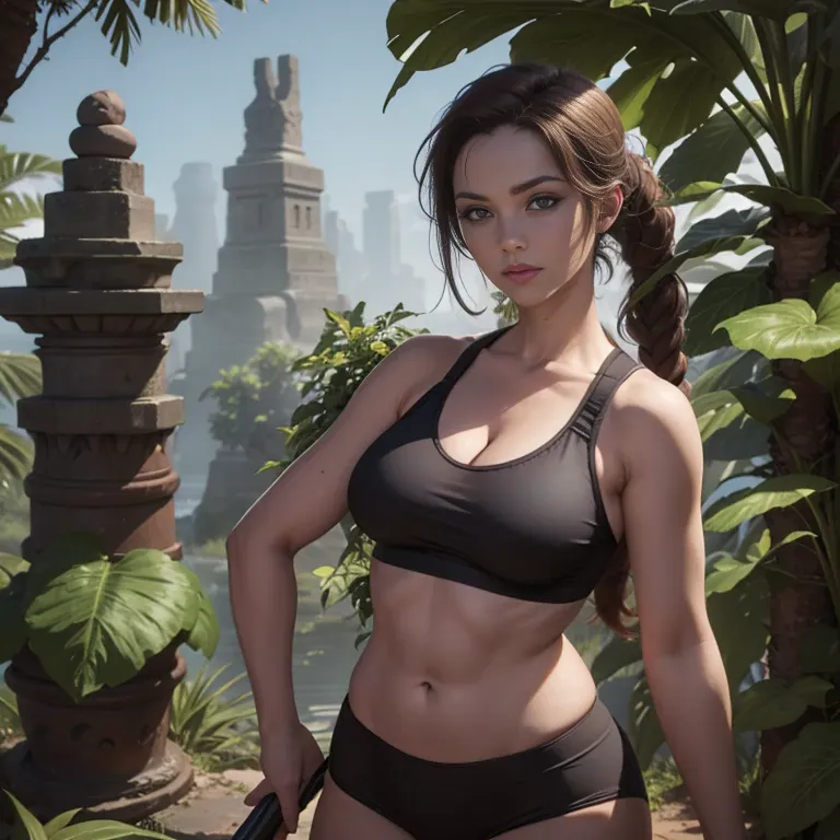 close up, lara croft, jungle, temple, ruins,