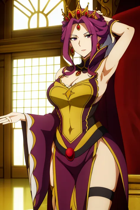 fullnude,Armpit show,(Sunset:1.2),in a castle, Great hall ,Red carpet on the floor, standing at attention, queen dress,Long sleeves,Gemstones and Golden Crown,鎖骨, Deep cleavage, Purple_hair, Purple_Eyes, Jewelry, earrings, 1 girl, 20yr old,infp young woman...