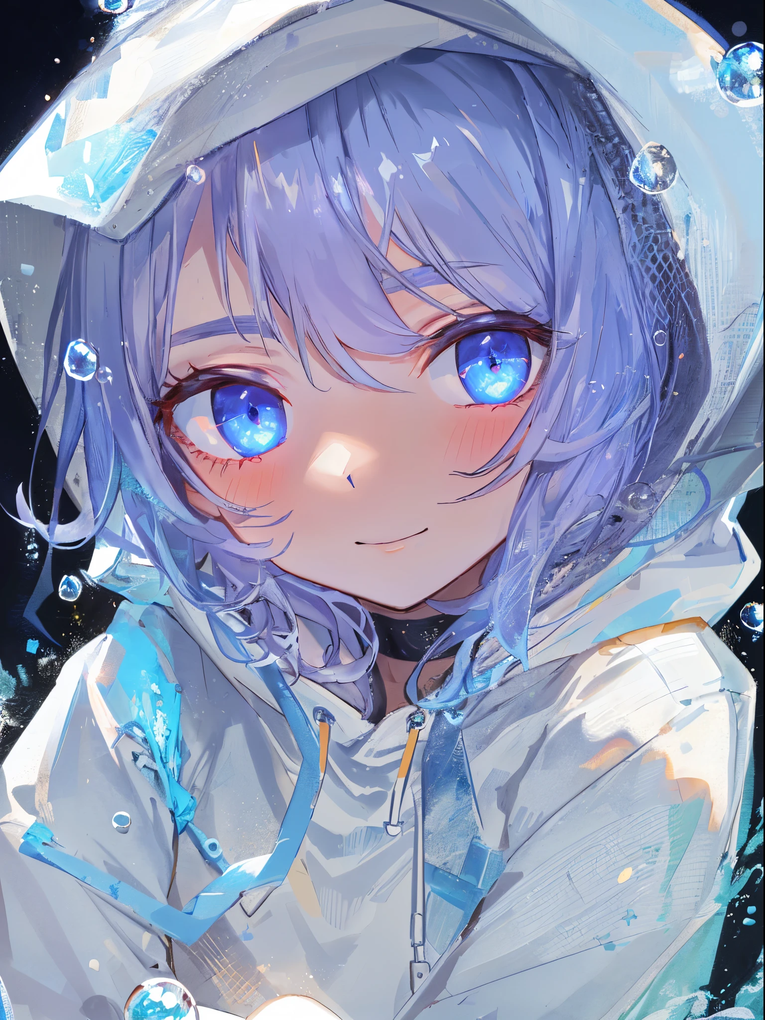 ((top-quality)), ((​masterpiece)), ((ultra-detailliert)), (Extremely delicate and beautiful), girl with, report, cold attitude,((White hoodie)),She is very(relax)with  the(Settled down)Looks,depth of fields,Evil smile,Bubble, under the water, Air bubble,Underwater world bright light blue eyes,Bright black hair and light blue inner color,Cold background,Bob Hair - Linear Art, shortpants、knee high socks、White uniform like school uniform、Light blue ribbon ties、Clothes are sheer、The hand in my right pocket is like a sapphire,Fronllesse Blue, A small blue light was floating、fantastic eyes、selfy,Self-shot、 give a sexy impression.