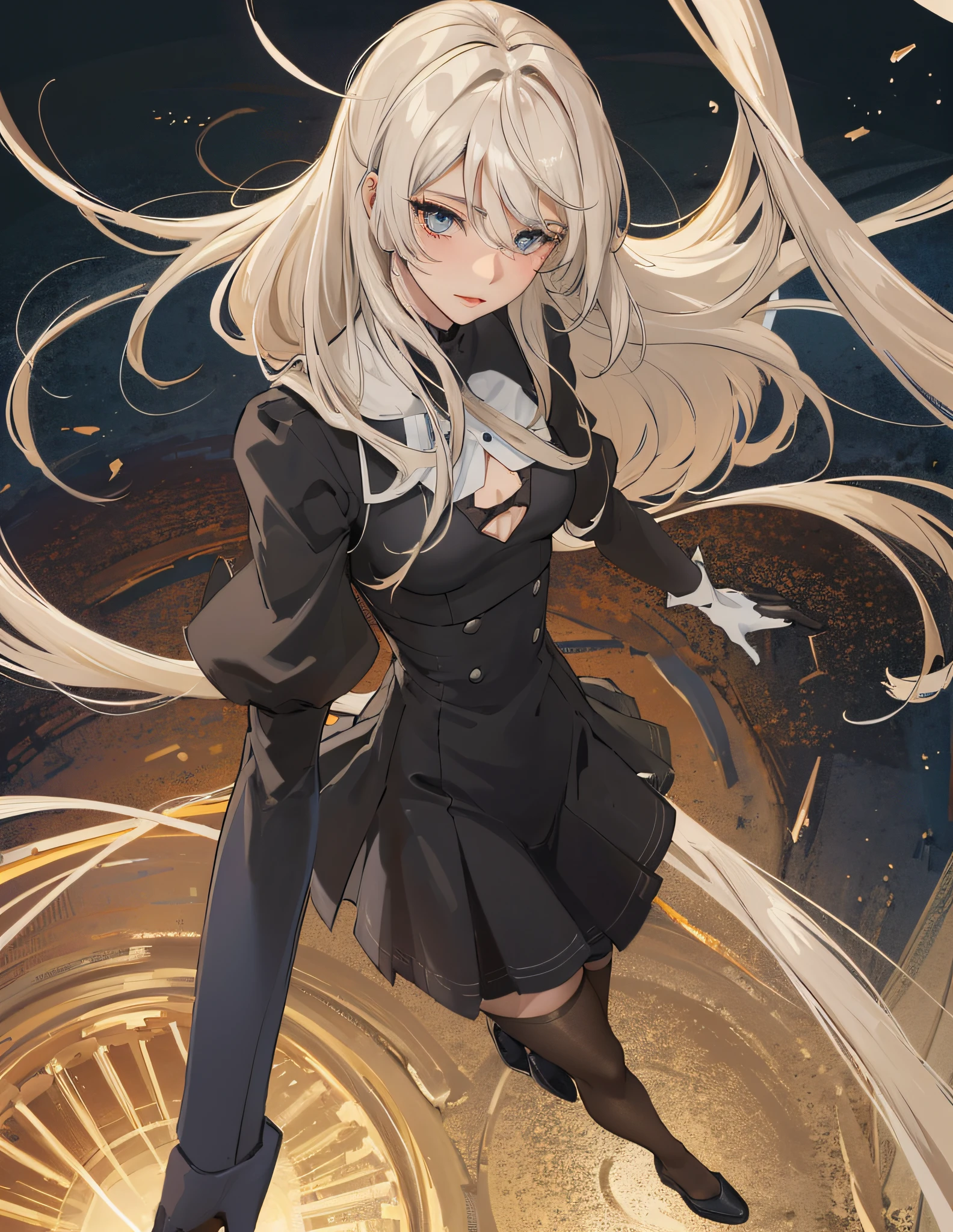 (Best quality at best,4K,A high resolution),actual,sportrait:1.2,Girl with silver hair,Red pupils glow,glowing light eyes,black uniforms,pleatedskirt,legs long,lips parted,Be red in the face,After that,Fabulous boobs,full bodyesbian,nighttime scene,Mare,suns,rays of sunshine;Blonde hair,eBlue eyes,of gorgeous women,legs long,JK ,Perfect Golden Ratio body,cute big breasts,Black silk dress,a skirt,The shirt,long,perfect ,A little blush,blackstockings,pretty legs,beuaty girl,tender
