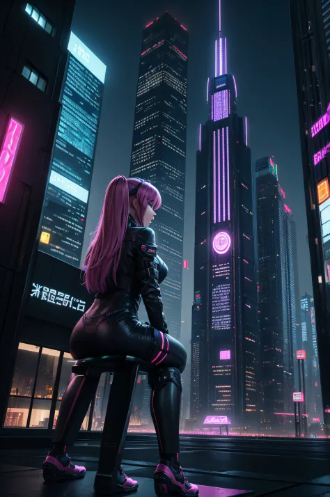 in the heart of a cyberpunk metropolis, a lone girl sits on the edge of a towering skyscraper, her gaze fixed upon the iconic ar...