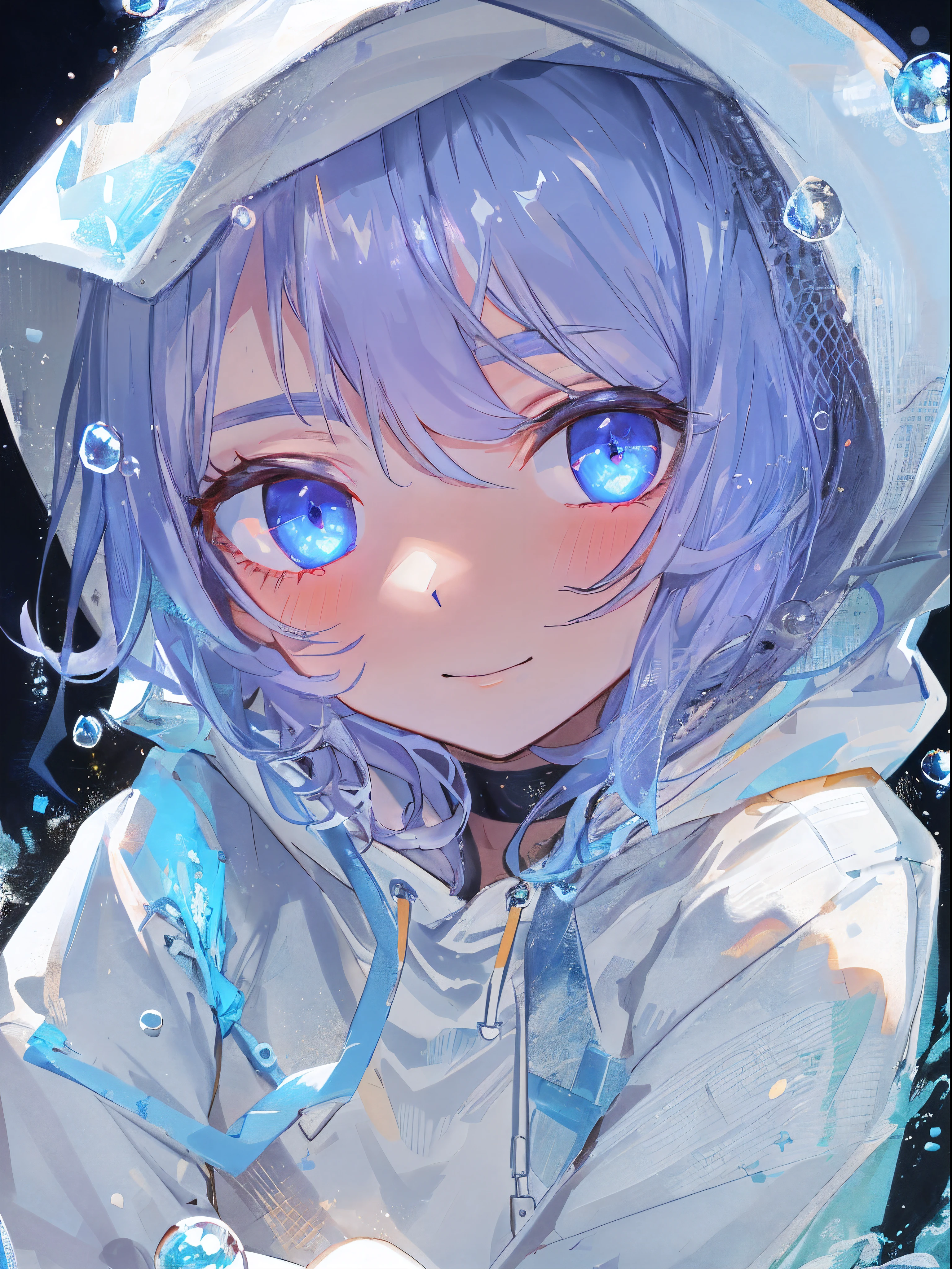 ((top-quality)), ((​masterpiece)), ((ultra-detailliert)), (Extremely delicate and beautiful), girl with, report, cold attitude,((White hoodie)),She is very(relax)with  the(Settled down)Looks,depth of fields,Evil smile,Bubble, under the water, Air bubble,Underwater world bright light blue eyes,Bright black hair and light blue inner color,Cold background,Bob Hair - Linear Art, shortpants、knee high socks、White uniform like school uniform、Light blue ribbon ties、Clothes are sheer、The hand in my right pocket is like a sapphire,Fronllesse Blue, A small blue light was floating、fantastic eyes、selfy,Self-shot、 give a sexy impression.