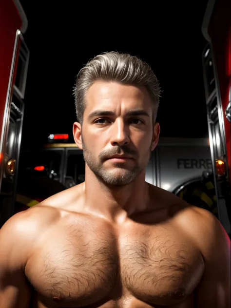 masterpiece, best quality, high resolution, closeup portrait, male focus, solo focus, A man, 50 years old, with firefighter uniform, firefighter suit, firefighter, bleached blonde silver hair, looking french, messy short hairstyle, cute and seductive face,...