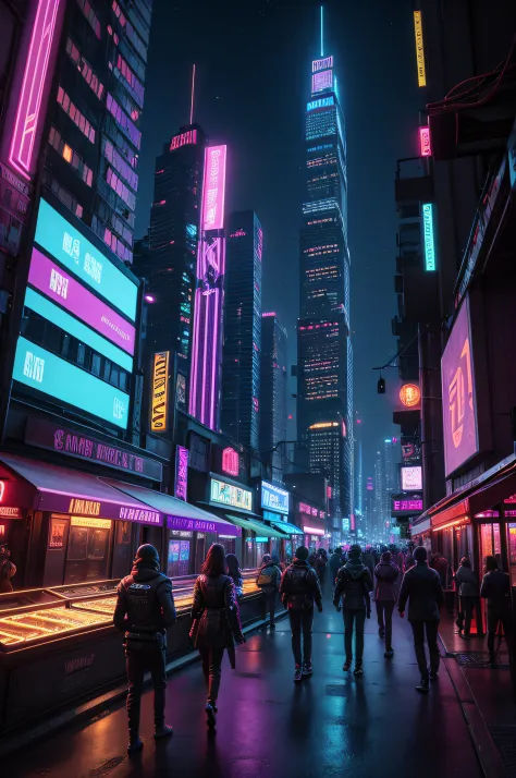 In the neon-drenched world of Cyberpunk 2077, the city comes alive with a kaleidoscope of colors and futuristic technology as night falls.

Cityscape:
The sprawling metropolis stretches out in every direction, a vast expanse of towering skyscrapers and lab...