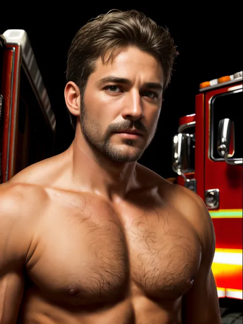 masterpiece, best quality, high resolution, closeup portrait, male focus, solo focus, A man, 45 years old, with firefighter uniform, firefighter suit, firefighter, bleached blonde silver hair, looking french, messy short hairstyle, lean body, cute and sedu...