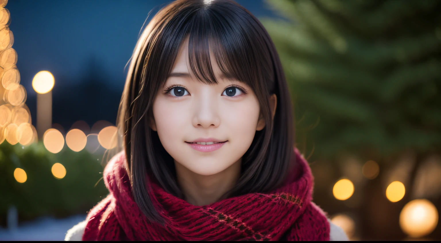 1 garota em, 13 anos、Modelo de gravura para o Japão, (bonitinho, uma linda garota,perfil:1.2), perfil、Modesto grande,  𝓡𝓸𝓶𝓪𝓷𝓽𝓲𝓬,(Bela vista e neve da noite de Natal:1.2), (Olhando para a grande árvore de Natal:1.5)、(Uma cidade noturna com lindas iluminações de Natal:1.2), (Suéter fofo de lã rosa:1.2),  cachecol vermelho, (Saia Plissada Xadrez Verde),   Um moreno、Perdido em pensamentos com uma expressão feliz、 melhor qualidade, alta resolução, pele detalhada, rosto e olhos detalhados, nada, iluminação natural, anatomia perfeita, renderização baseada fisicamente, fotorrealista, olhos claros simétricos, rosto bem cuidado,adolescente, Figura perfeita, transparência, apresentando Gravure Idol,