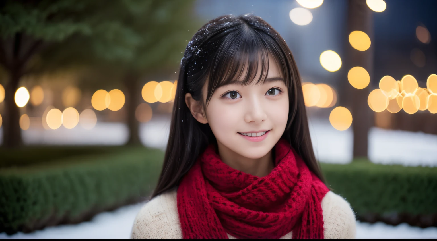 1girl in, 13years、Gravure model for Japan, (cute little, a beauty girl,profile:1.2), profile、Modest big,  𝓡𝓸𝓶𝓪𝓷𝓽𝓲𝓬,(Beautiful Christmas night view and snow:1.2), (Looking up at the big Christmas tree:1.5)、(A night town with beautiful Christmas illuminations:1.2), (fluffy pink wool sweater:1.2),  red scarf, (Green Plaid Pleated Skirt),   A dark-haired、Lost in thought with a happy expression、 Best Quality, hight resolution, Detailed skin, Detailed face and eyes, Hi-Res, Natural lighting, Perfect Anatomy, Physically-based rendering, Photorealistic, symmetric clear eyes, Well-groomed face,Teenage girl, Perfect figure, Transparency, hposing Gravure Idol,