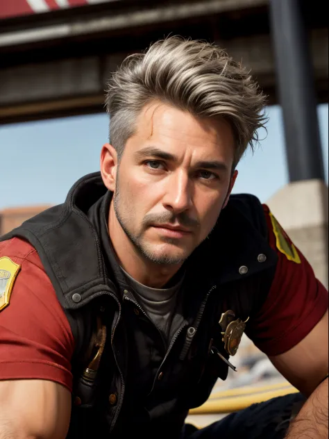 masterpiece, best quality, high resolution, closeup portrait, male focus, solo focus, A man, 45 years old, with firefighter uniform, firefighter suit, firefighter, bleached blonde silver hair, looking french, messy short hairstyle, lean body, cute and sedu...
