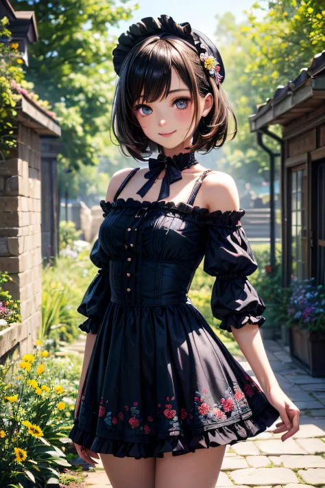 Very cute and beautiful girl,(very detailed beautiful face and eyes:1.2),
Smile,Black hair,Dynamic Pose,Beautiful legs,(Cowboy Shot),
Blue floral Lolita dress with detailed ruffles,
Flower Garden,Stone path,Distant trees々,
(Best Quality,masutepiece:1.2),In...
