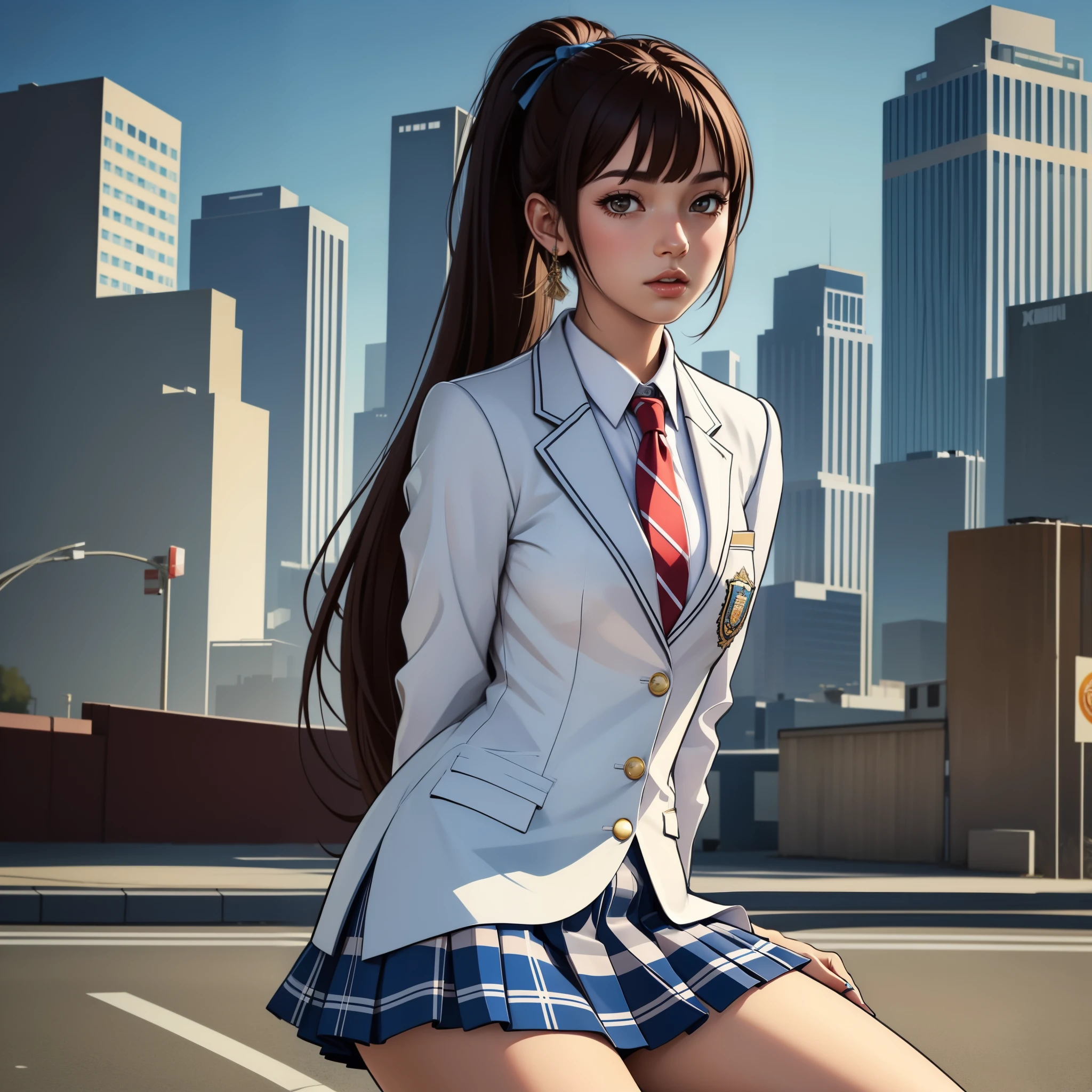 masterpiece, gtasa2004, cartoon of, very cute 18 year old girl, cute face, solo, small, highly detailed eyes and hair, beautiful detail skin, attractive thighs, dynamic angle, ponytail, brown hair, thick bangs, juicy thighs, blue ribbon, white blouse, tie, blue blazer, red pleated skirt with blue stripes, (high school uniform:1.3), student, urban, cityscape, crowd