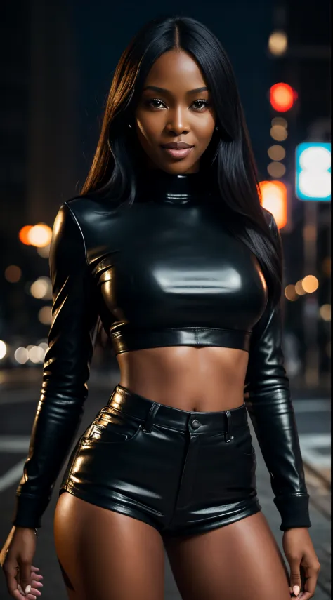 Foto hiperrealista en primer plano de Naomi Campbell, masterpiece, best quality, (photorealistic:1.4), full body, (black leather long sleeves crop top:1.1), (black leather short shorts:1.2), night street after rain, neons, cinematic light, beautiful woman,...