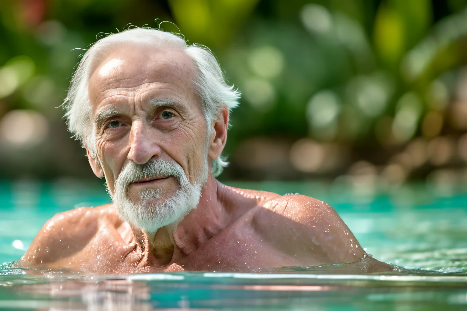 Older man in a pool with a white beard and a white mustache - SeaArt AI