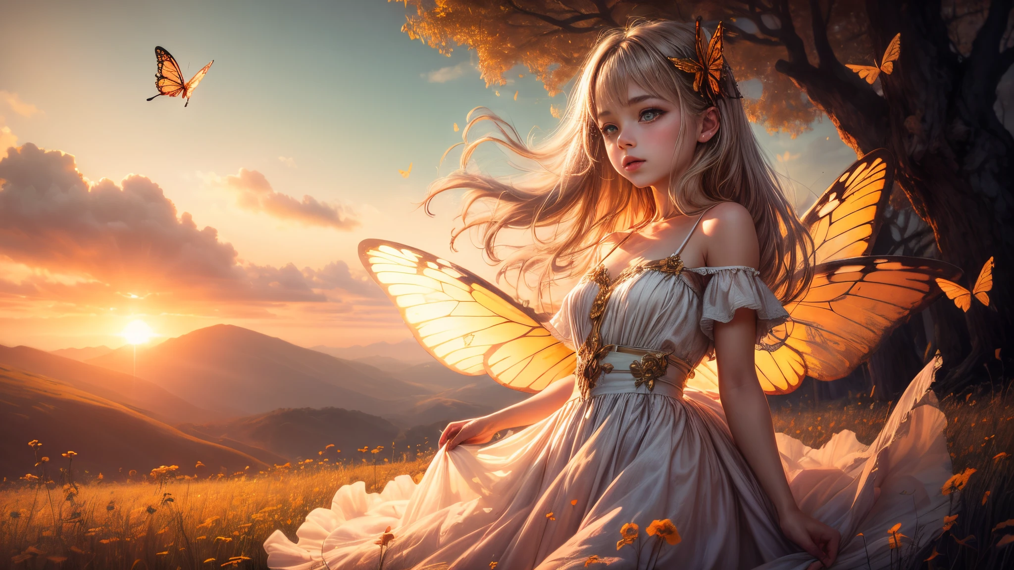 ((Innocent)) girl, golden hour, dreamy meadow, ethereal, whimsical, flowing dress, soft sunlight, enchanting, butterfly wings, (pastel clouds), liquid reflections