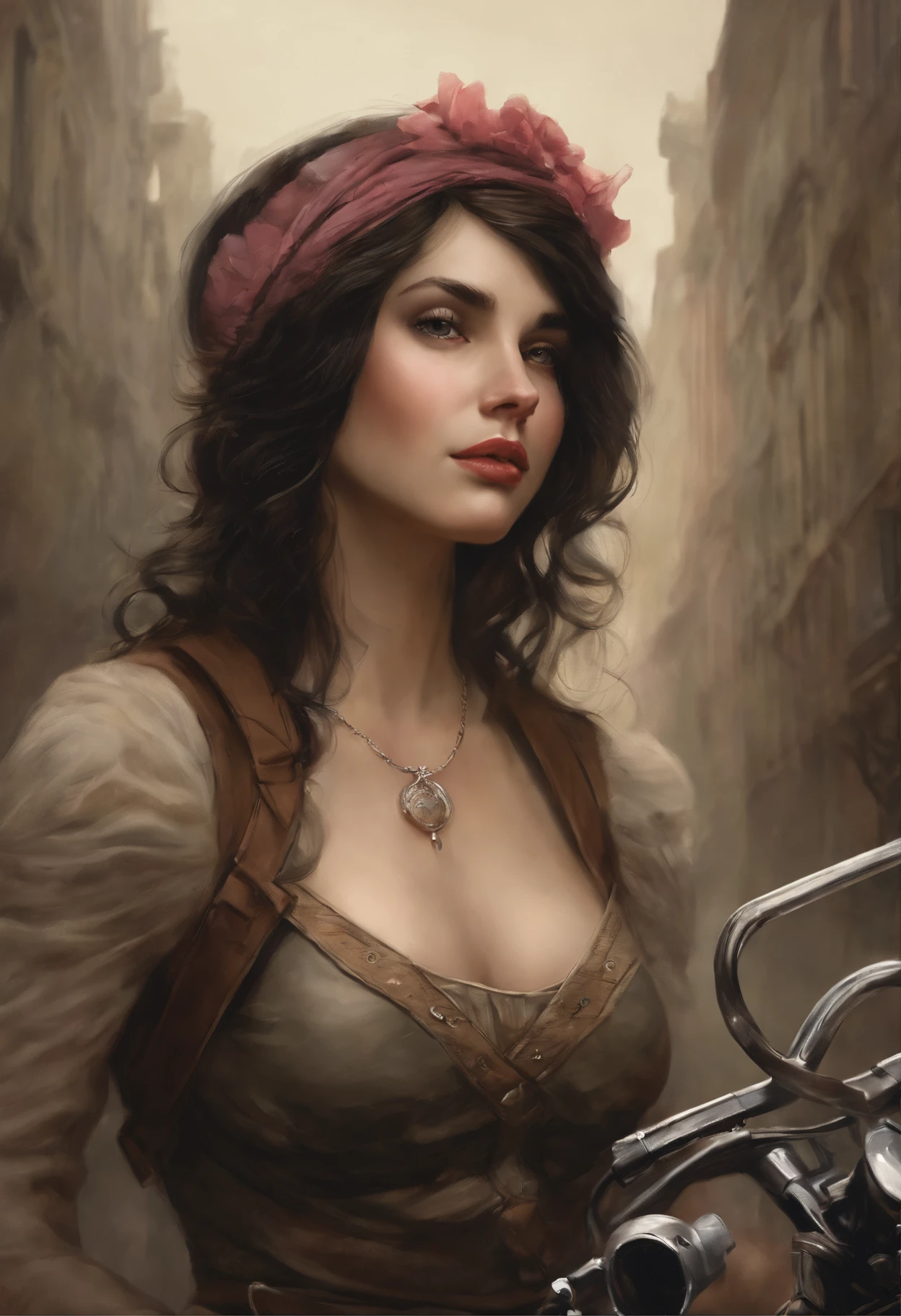 Reality, dark fantasy style, John Tolkien style, Small painting by Jean-Baptiste Monge, portraite of a, looks from the front, Soft facial features, wear a headband with cat ears, Rocker Girl, Average height, plump dark pink lips, Engriberts eyebrows, dark brown eyes, looking at away,   short straight hair to shoulder blades, Straight short hair,  In a short dark silk fitted dress with a large cutout on the chest..., big breastes, Good, predatory nature, Standing next to a motorcycle, rain is dripping, The city, megalopolis, city trail, big house, glass skyscraper Jean-Baptiste Monge, anthropomorphic --ar 2:3 --testp -optimistic;