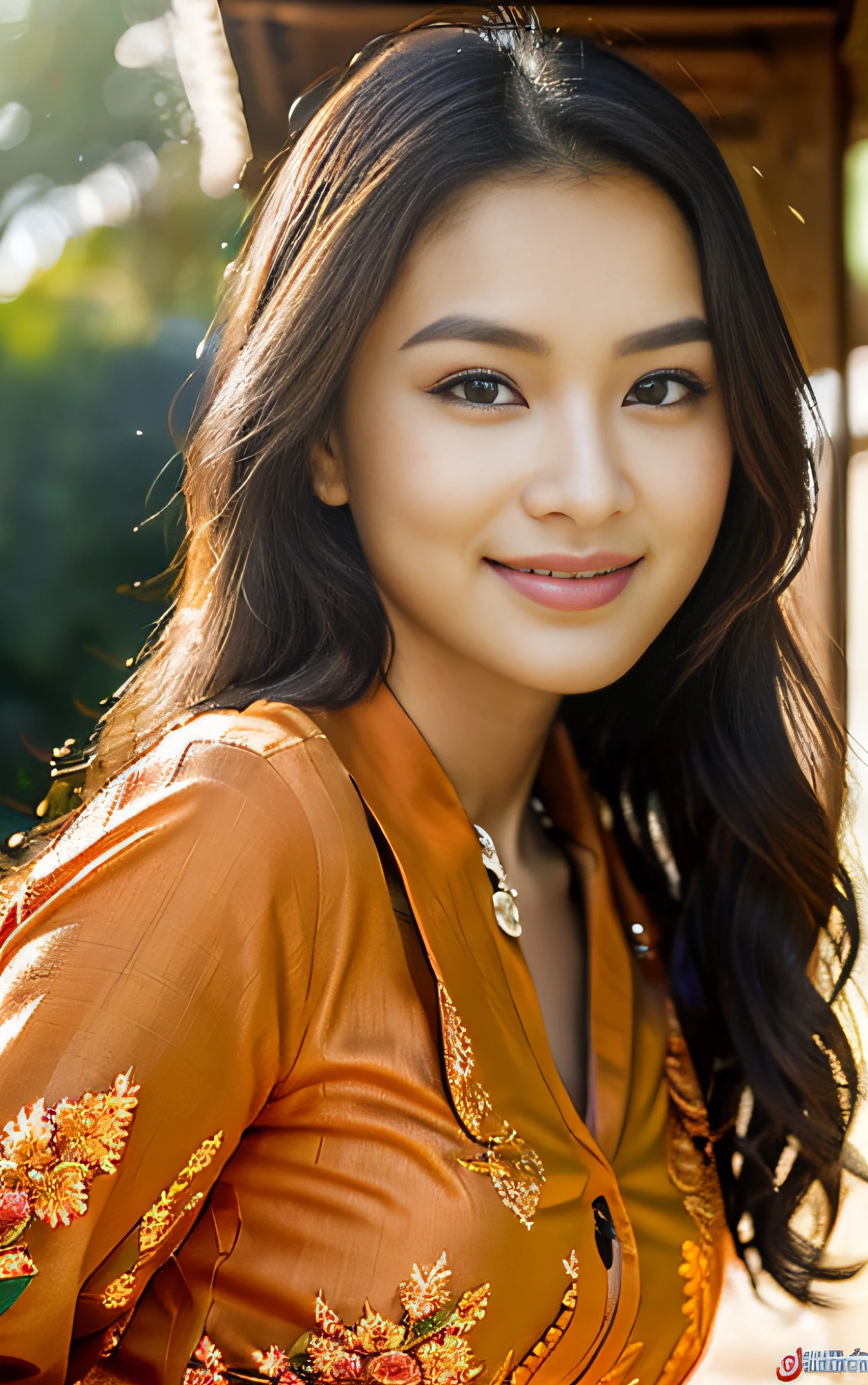 girl 25 years old, (masterpiece), Indonesian skin tone, best quality, expressive eyes, perfect face, (ultra realistic), (Orange Formal Suit), Smile, Long Black Hair, innocent face, natural wavy hair, brown eyes, High resolution, masterpiece, Best quality, intricate high detail, highly detailed, focus sharp focus, detailed skin, realistic skin texture, texture, detailed eyes, professional, 4K, charming smile, filmed on Canon, 85 mm, shallow depth of field, Kodak Vision Color, perfect fit body, Extremely detailed, photograph_\(ultra\ ), photoreallistic, Realstic, Post-processing, Maximum details, roughness, real life, ultra realist, photorealism, photography, 8K UHD, photography, NSFW, Nude,