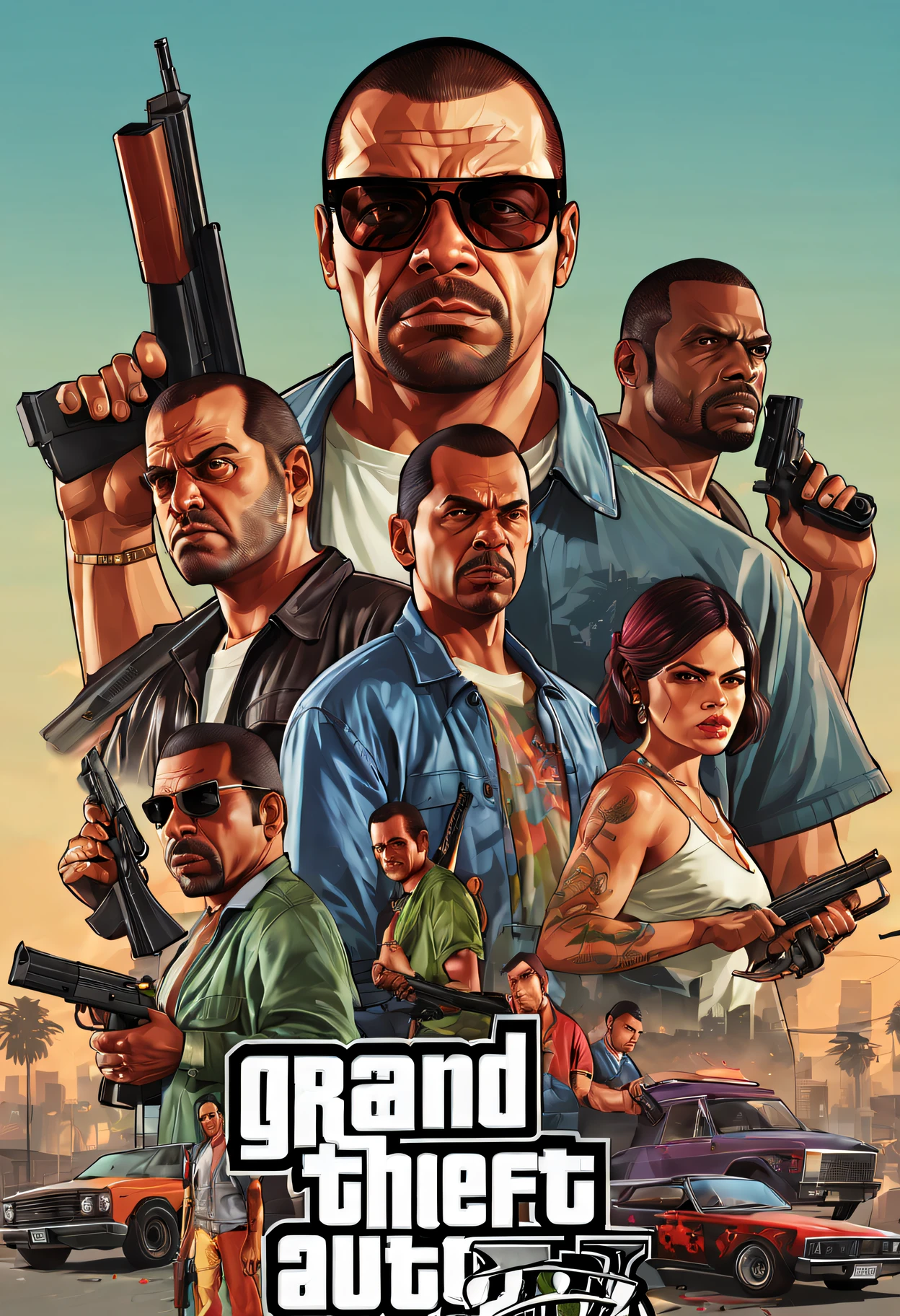 Grand Theft Auto，Grand Theft Auto ，double contact，filmposter，Detailed facial expressions，retro artstyle、Dangerous weapons、graffiti and street art、(Best quality at best,4K,A high resolution,tmasterpiece:1.2),ultra - detailed,actual。