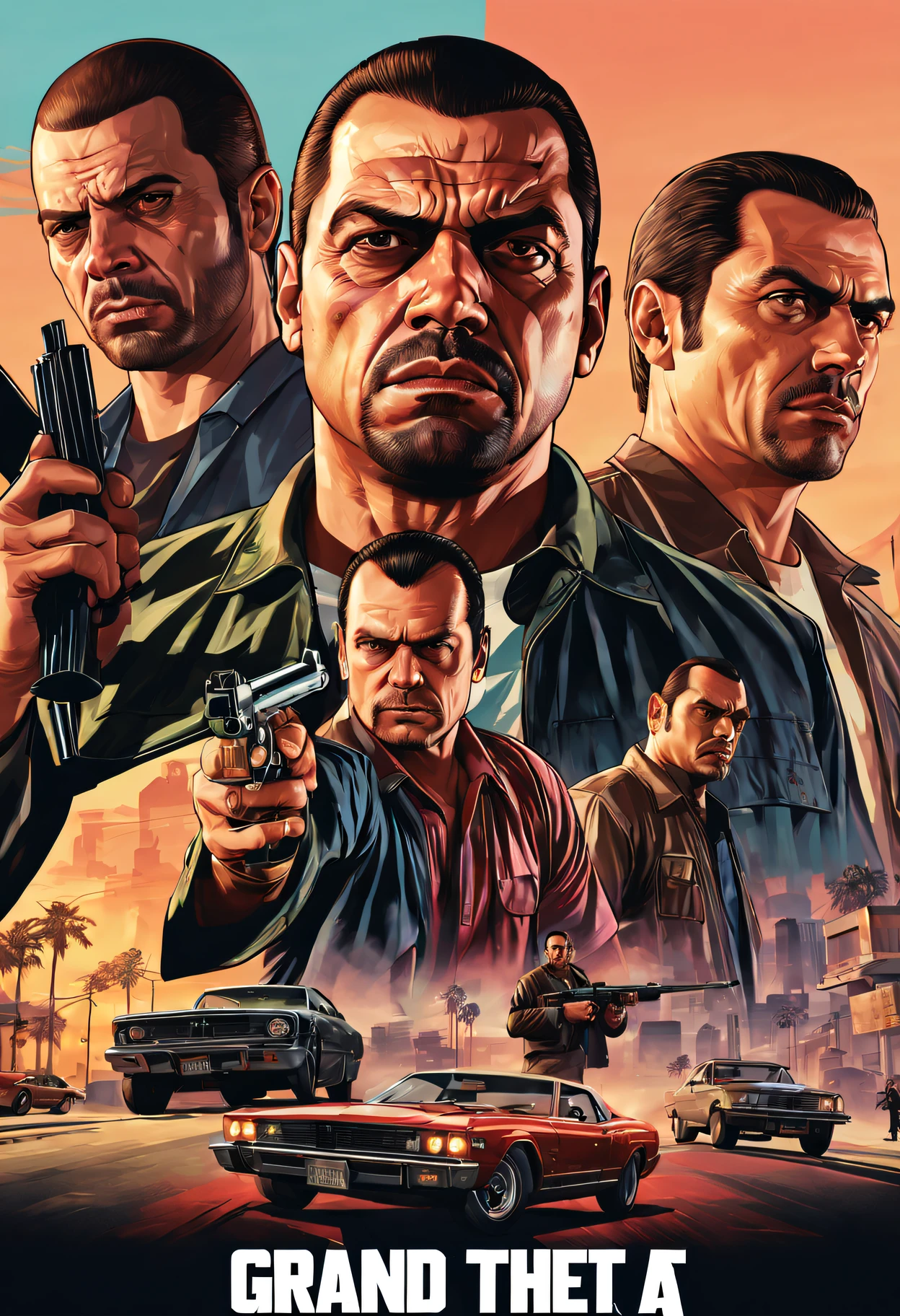 Grand Theft Auto，Grand Theft Auto ，double contact，filmposter，Detailed facial expressions，retro artstyle、Dangerous weapons、graffiti and street art、(Best quality at best,4K,A high resolution,tmasterpiece:1.2),ultra - detailed,actual。
