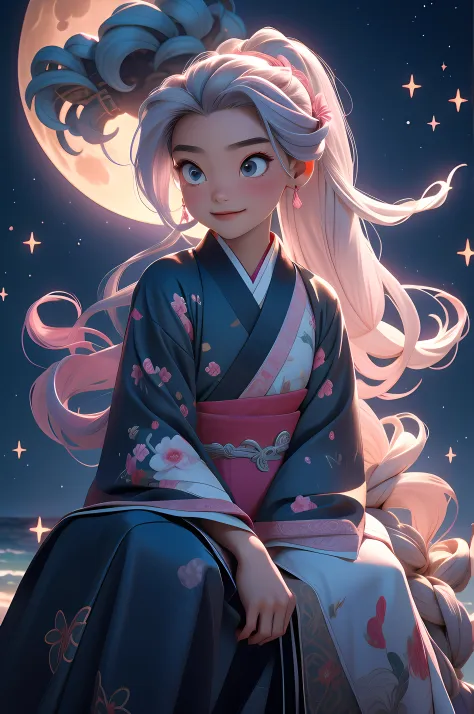tmasterpiece, Best quality at best, Thirteen-year-old girl, Long gray hair，pink haired one，Hanfu，Sit on the reef，One hand drags ...