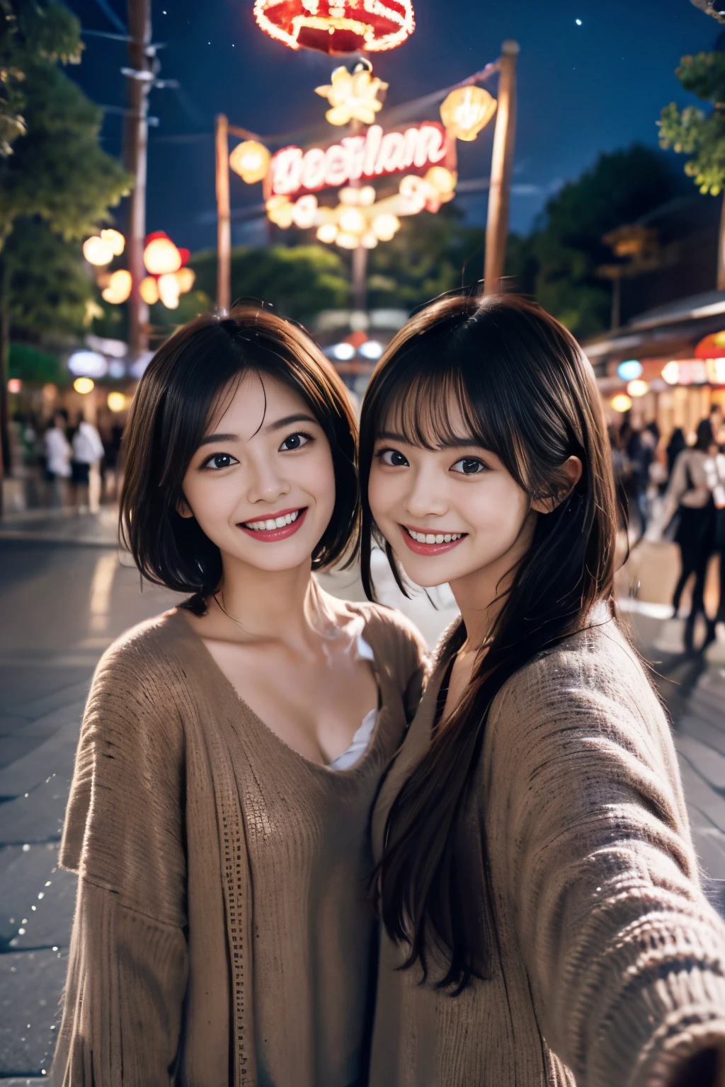 Duas lindas mulheres com rostos diferentes se divertindo em um parque temático à noite、cabelo curto、Linda atriz japonesa、(realista、fotoRealstic:1.37)、