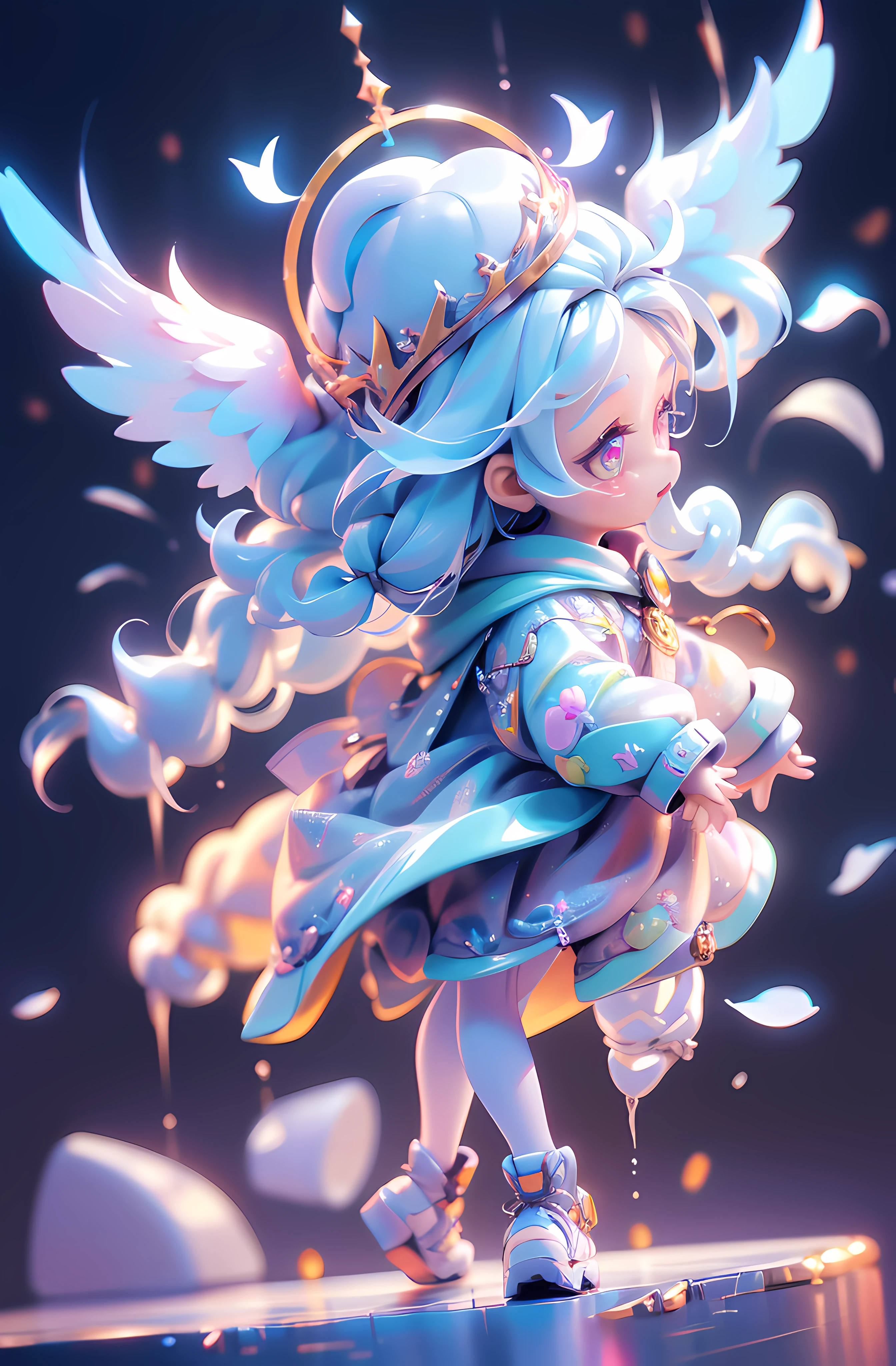 (Masterpiece: 1.4), (Best Quality: 1.4), (Chibi: 1.3), (Very Cute Angel Girl, Super Detailed Face, Jewel-like Eyes, White Very Long Hair, Colorful Gradient Hair: 1.4), (Angel Ring:
1.4), (Angel Wings: 1.4), (Full body, perfect 2 arms, perfect 2 legs: 1.4), Perfect 4 fingers: 1 thumb, light, shine, bokeh, super fine