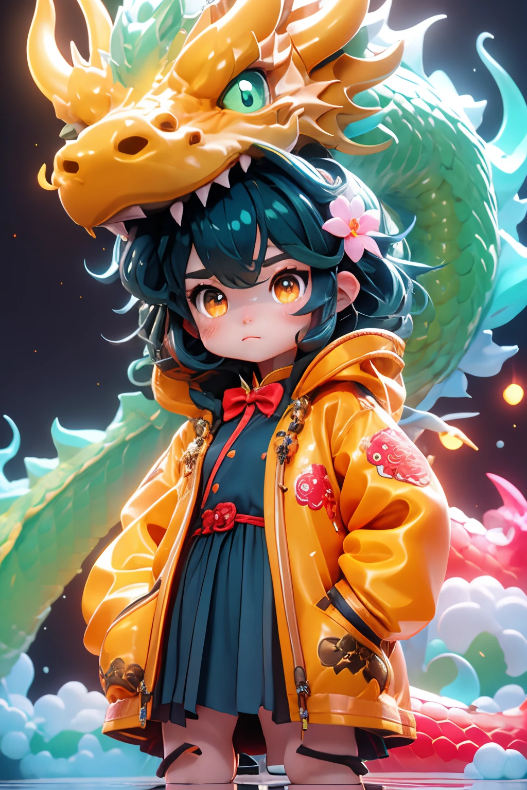 masterpiece,best quality,blue crystal shining Dragon,in the style of kawacy,shiny eyes,(loli：1.2),(petite:1.2),Pink hair,Yellow eyes, (red Jacket),high ponytail,white collared shirt,hair flower,fipped hair,floating hair,Frown,hands in pockets,black dress,red bowtie,(solo),dragonhead