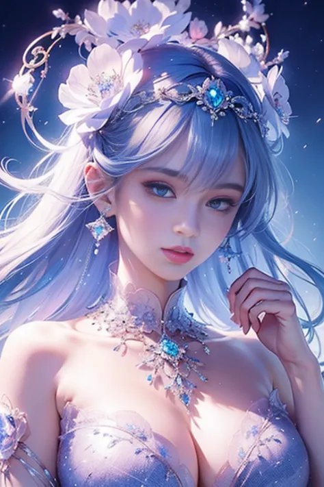 tmasterpiece，Highest high resolution，((magic orb))，Dynamic bust of beautiful aristocratic maiden，Blue hair is elegantly coiled，（...