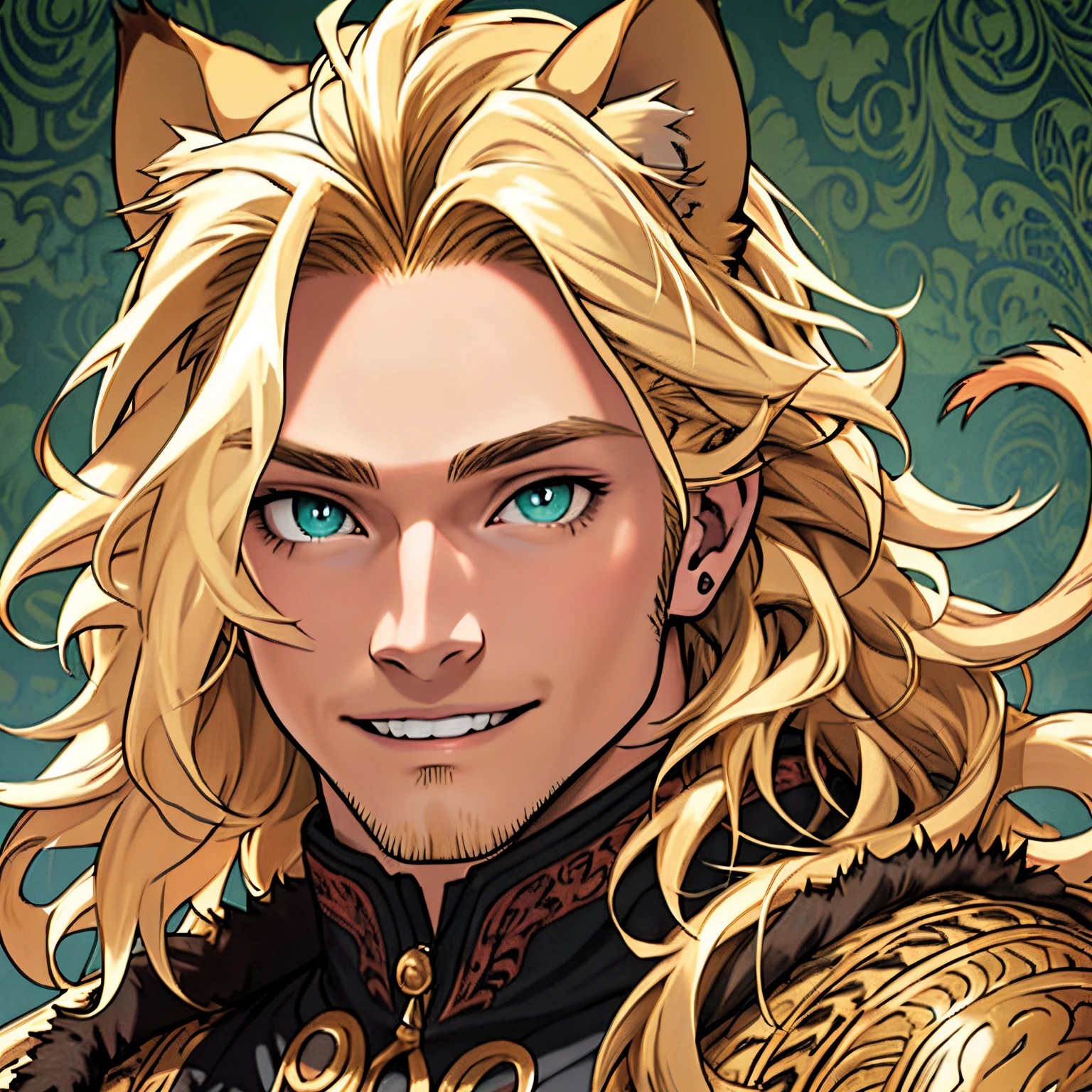 Fur coat, One male, lion ears, long hair, blond, blond hair, green eyes, tall, muscular, beautiful face, highest quality, masterpiece, 3d, anime, perfect face, highest detail, feline eyes, short facial hair, lion tail, wavy hair, bust shot, detailed face, intricate details, paisley background, smile, solo, close up