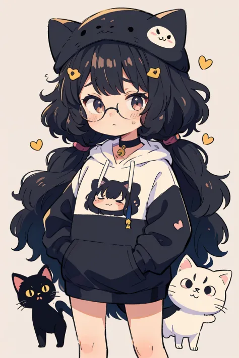 omori,she has short fluffy and curly Afro hairstyle with a black multicolor along with big round black glasses on her face and a black neck choker on her neck with a cat bell a she has a big cute white and black cat hoodie on her head with a sad expression