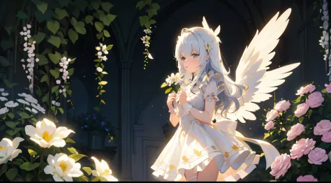 le malin holding a flower in Garden, sun shining detailed eyes, whithe _dress, angel_wings, white_legwear, bright at night, volumetric lighting, flat lighting, photo, oil painting, beautiful, extremely detailed, HD, white dress clothing cutout white pantyh...