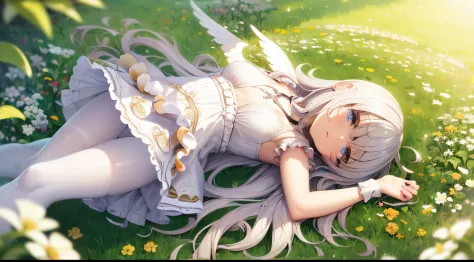 le malin holding a flower in Garden, sun shining detailed eyes, whithe _dress, angel_wings, white_legwear, bright at night, volumetric lighting, flat lighting, photo, oil painting, beautiful, extremely detailed, HD, white dress clothing cutout white pantyh...