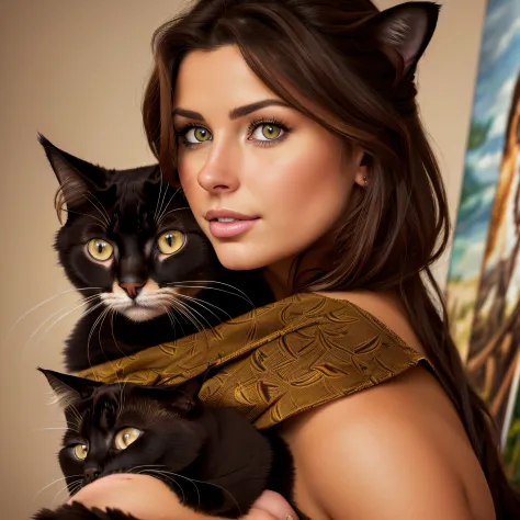 portrait of ((one beautiful brunette woman)) (((holding hazel eyed cat))) ((gazing straight at camera)) (masterpiece: 1.5) (phot...