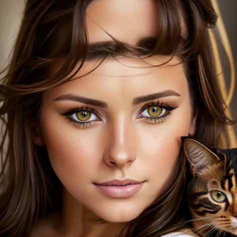 portrait of ((one beautiful brunette woman)) (((holding hazel eyed cat))) ((gazing straight at camera)) (masterpiece: 1.5) (phot...