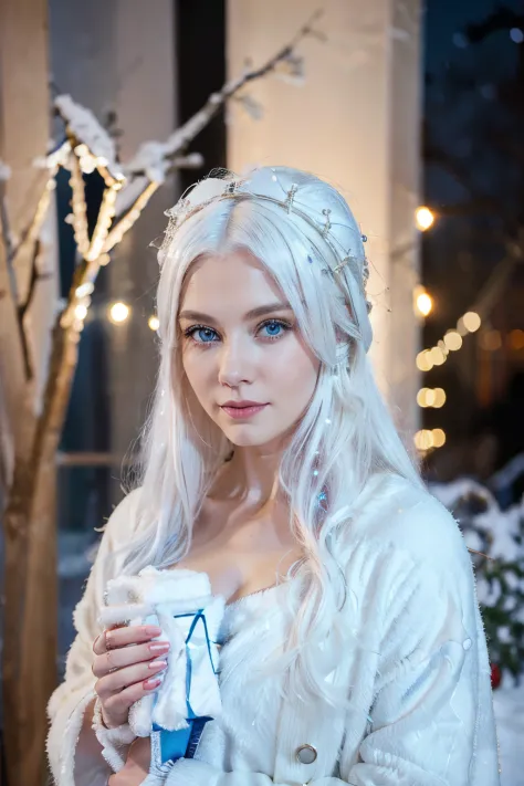 Woman with white hair, blue eyes, Christmas, Gifts, Lights, ermine, snowing, the night, Christmas tree