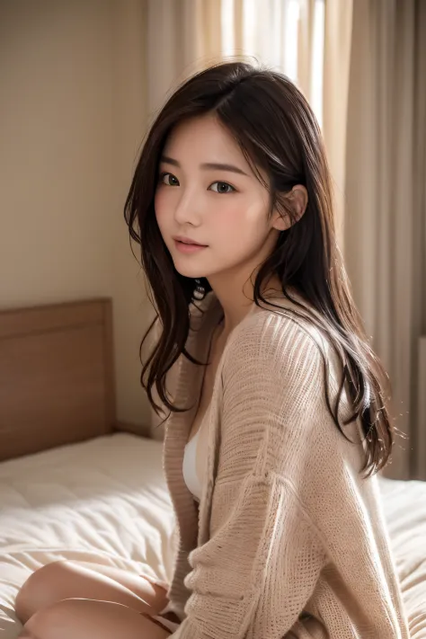 （top-quality、8K、32K、​masterpiece,)Beautuful Women、blushing、Sitting on the bed、Wet hair、wearing a loose cardigan over naked body、（（real  face））profile、profile、Warm atmosphere((no makeup on my face）（A detailed eye）