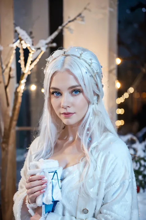 Woman with gray hair, blue eyes, Christmas, Gifts, Lights, ermine, snowing, the night, Christmas tree