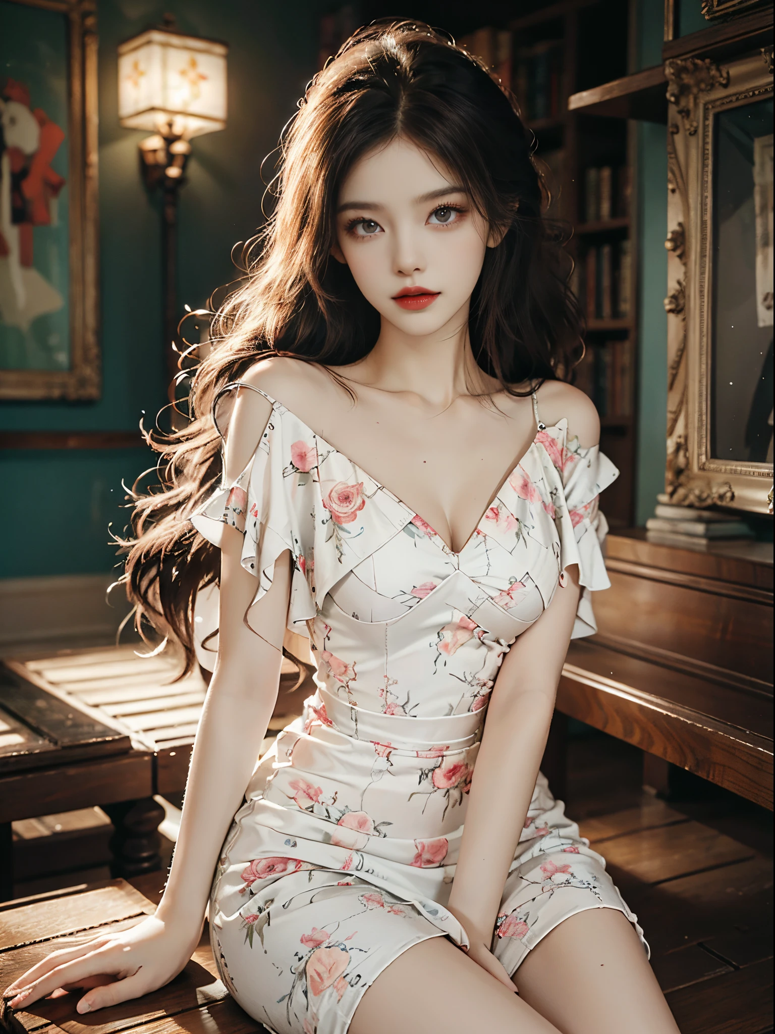 print dress,off shoulder,,fashi-girl, red lips, mature female, makeup, Big eyes, Pretty eyes, ((full body)), ((Random shooting angles)), (best quality, masterpiece:1.2), ultra-detailed, (realistic:1.37), beautiful, youthful, glamorous model with (detailed eyes, detailed lips, extremely detailed eyes), with white and floral colors, showcasing a radiant smile, creating a breathtaking depiction of a girl, Warm tones, extremely high color saturation, official art, extremely detailed CG unified 8k wallpaper,(High dynamic range :1.4), (cinematic),(soft colors, dull colors, soothing tones :1.3), (natural skin texture, ultra-realistic, soft light, sharp),(very detailed), Night, moonlight, In an antique pavilion, sit on a bench against the guardrail