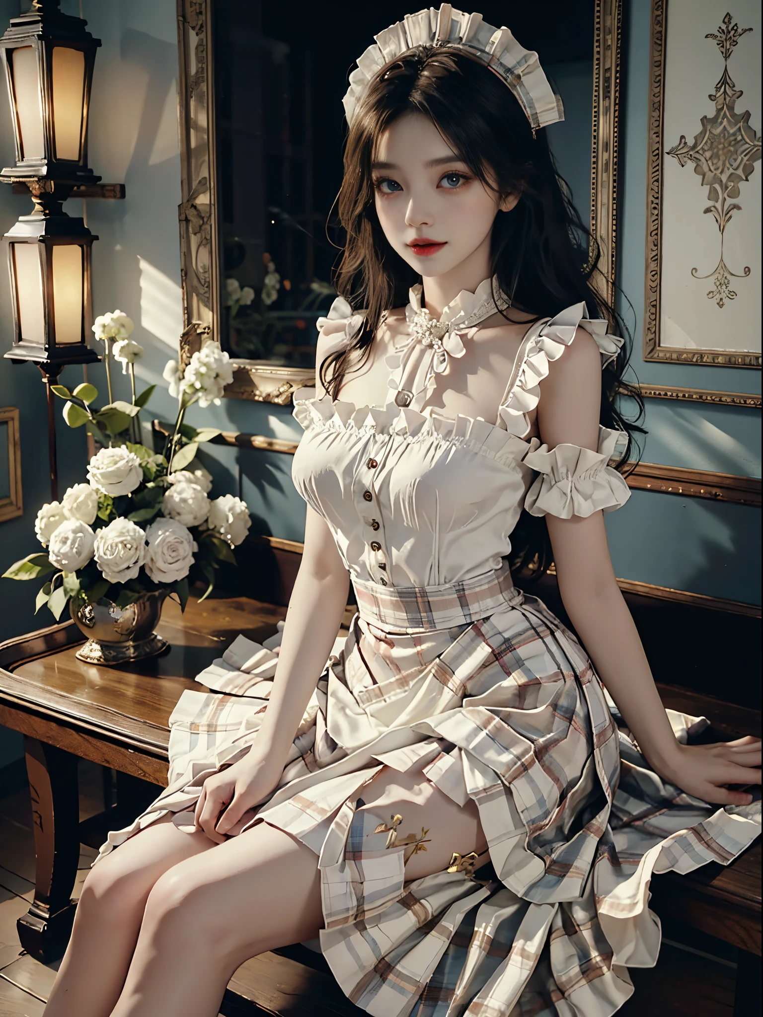 fishnets, apron,skirt,maid headdress,,fashi-girl, red lips, mature female, makeup, Big eyes, Pretty eyes, ((full body)), ((Random shooting angles)), (best quality, masterpiece:1.2), ultra-detailed, (realistic:1.37), beautiful, youthful, glamorous model with (detailed eyes, detailed lips, extremely detailed eyes), with white and floral colors, showcasing a radiant smile, creating a breathtaking depiction of a girl, Warm tones, extremely high color saturation, official art, extremely detailed CG unified 8k wallpaper,(High dynamic range :1.4), (cinematic),(soft colors, dull colors, soothing tones :1.3), (natural skin texture, ultra-realistic, soft light, sharp),(very detailed), Night, moonlight, In an antique pavilion, sit on a bench against the guardrail