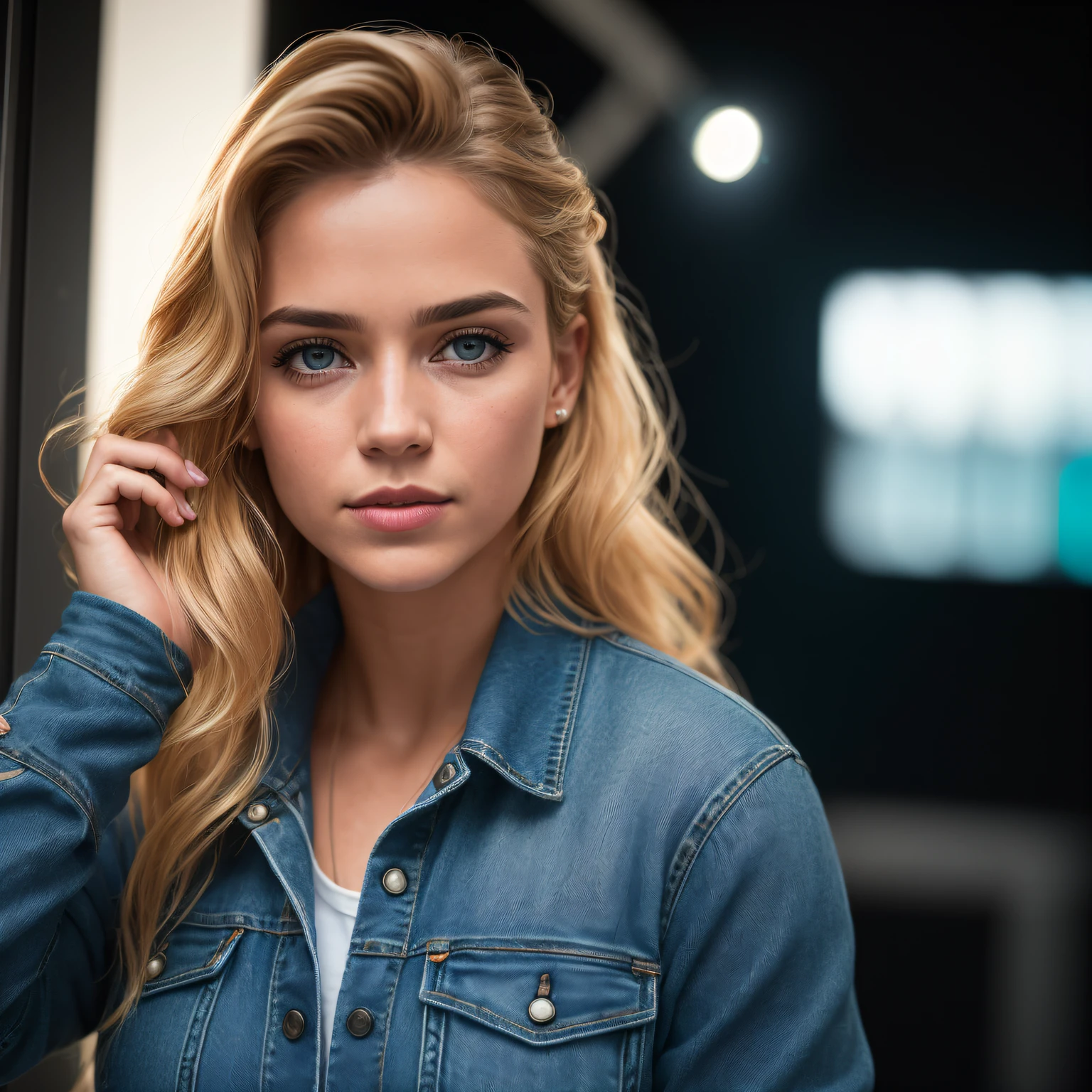 Full face portrait photo of 23-year-old German girl, ...RAW, mulher bonita, strawberry lip, clear green eyes, olhos azuis, - Light Norwegian hair, wistful expression, (cabelos claros com cachos extra longos), ((rosto detalhado)), ((detailed facial features)), (pele fina detalhada), pale skinned, ambiente de megacidade cyberpunk, (cor fria), humid, humid, reflexo, (masterpieceShot com Canon EOS R5 (detalhe) (Fotos realistas) (detalhes detalhados) mola a 50mm | |, F/2.8,  HDR, (8k) (papel de parede) (cinematic lighthing) (lighting dramatic) (foco nítido) (complexo), fotografia ...RAW, fotografia ...RAW, fotografia gigachade, camera pose, jeans preto, back arm, 8k UHD, DSLR, de alta qualidade, grain movie, Fujifilm XT3, Film Stock Photo 4 Kodak Portra 400 Camera F1.6 Lens Rich Colors Ultra-realistic Textures Dramatic Lighting Trends of the Unreal Engine Art Station Cinestill 800 Tungsten, Estilo Toughboy,  Rosto Ultra Focus, Intimidante, fighting position, messy long hair, Muscles, veias estourando, Contas, Cinematic Granulagem, (grain of film: 1.23), alto contraste, (cinemactic, azul-marinho e laranja: 0.85)