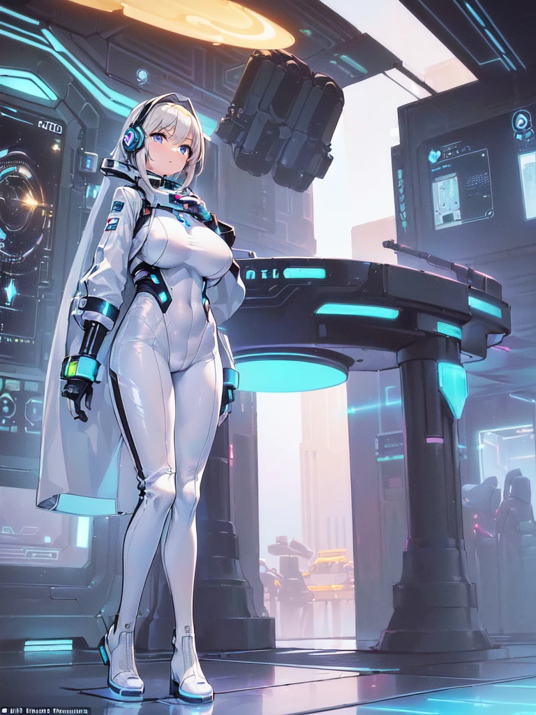 ​masterpiece:1.4, 1girl in ((20yr old, Wearing a futuristic white and silver costume, Tight Fit Bodysuit, long boots, Very gigantic-breasts, Multicolored blonde hair, a short bob, Perfect model body, Blue eyes:1.2, Wearing headphones, Looking out the window of the futuristic sci-fi space station、While admiring the beautiful galaxy:1.2, SFSF control room on night background:1.1, Neon and energetic atmosphere:1.2)) ((Galaxy))