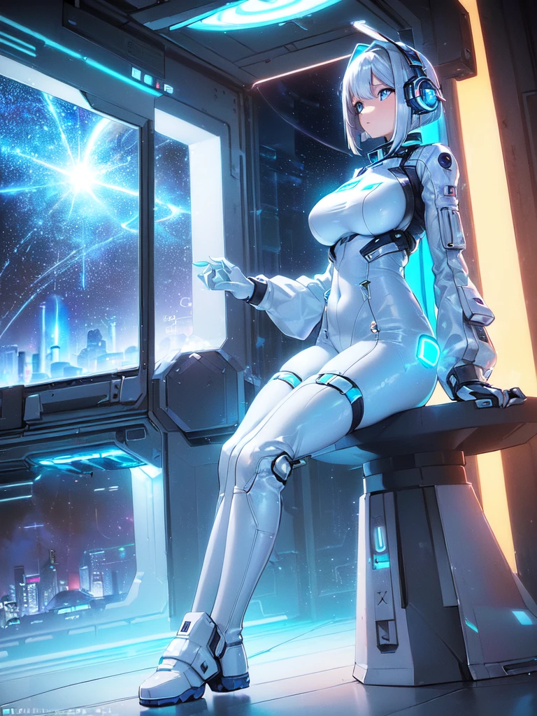 ​masterpiece:1.4, 1girl in ((20yr old, Wearing a futuristic white and silver costume, Tight Fit Bodysuit, long boots, Very gigantic-breasts, Multicolored blonde hair, a short bob, Perfect model body, Blue eyes:1.2, Wearing headphones, Looking out the window of the futuristic sci-fi space station、While admiring the beautiful galaxy:1.2, SFSF control room on night background:1.1, Neon and energetic atmosphere:1.2)) ((Galaxy))