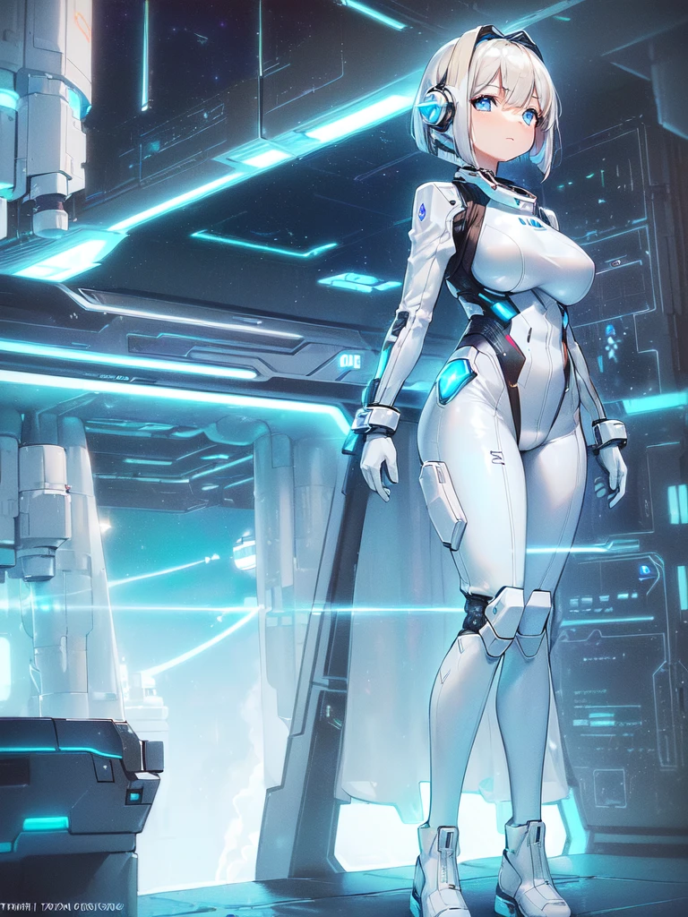 ​masterpiece:1.4, 1girl in ((20yr old, Wearing a futuristic white and silver costume, Tight Fit Bodysuit, long boots, Very gigantic-breasts, Multicolored blonde hair, a short bob, Perfect model body, Blue eyes:1.2, Wearing headphones, Looking out the window of the futuristic sci-fi space station、While admiring the beautiful galaxy:1.2, SFSF control room on night background:1.1, Neon and energetic atmosphere:1.2)) ((Galaxy))