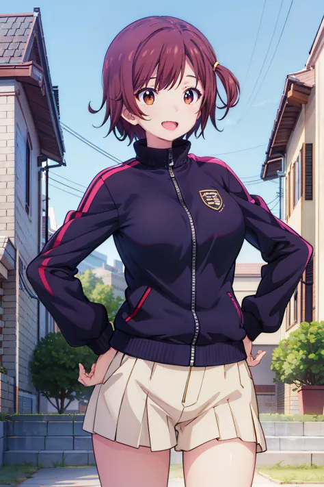 (best quality), absurdres, highres, extremely detailed CG, ayaka_tachibana_imocho, short_hair, brown_hair, brown_eyes, one_side_up, large breasts, track_jacket, standing, hands on hip, laughing, schoolyard background
