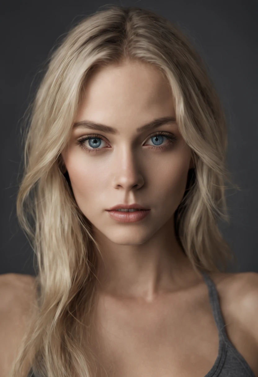 hyper realistic photo face portrait of a blonde haired women with deep gray eyes, epic background. 35mm photograph, film, nswf, professional, 4k, highly detailed, Iconic model, athletic body,