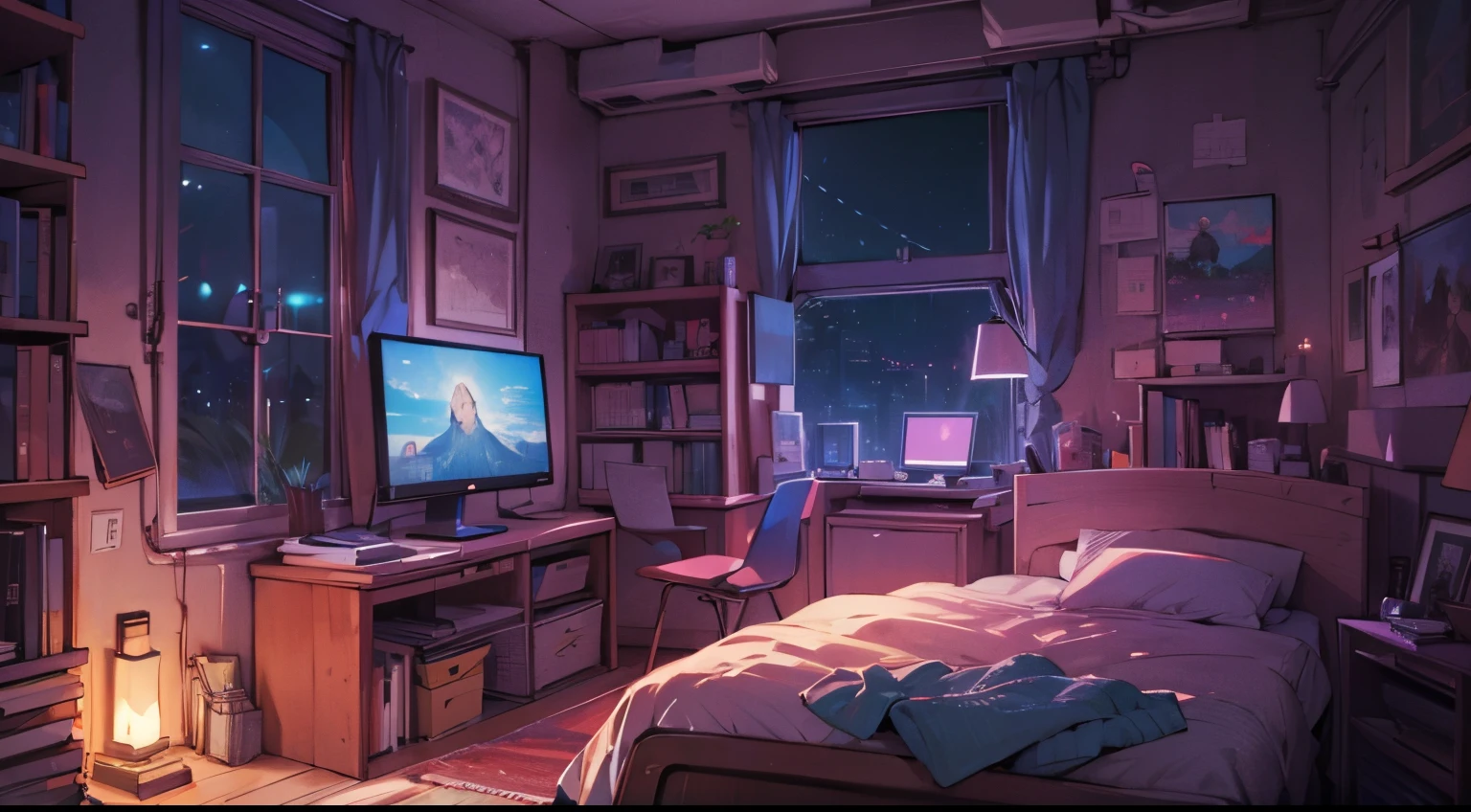 cozy room at night, Using headphones, 2D anime style, Lo-fi, highly ...