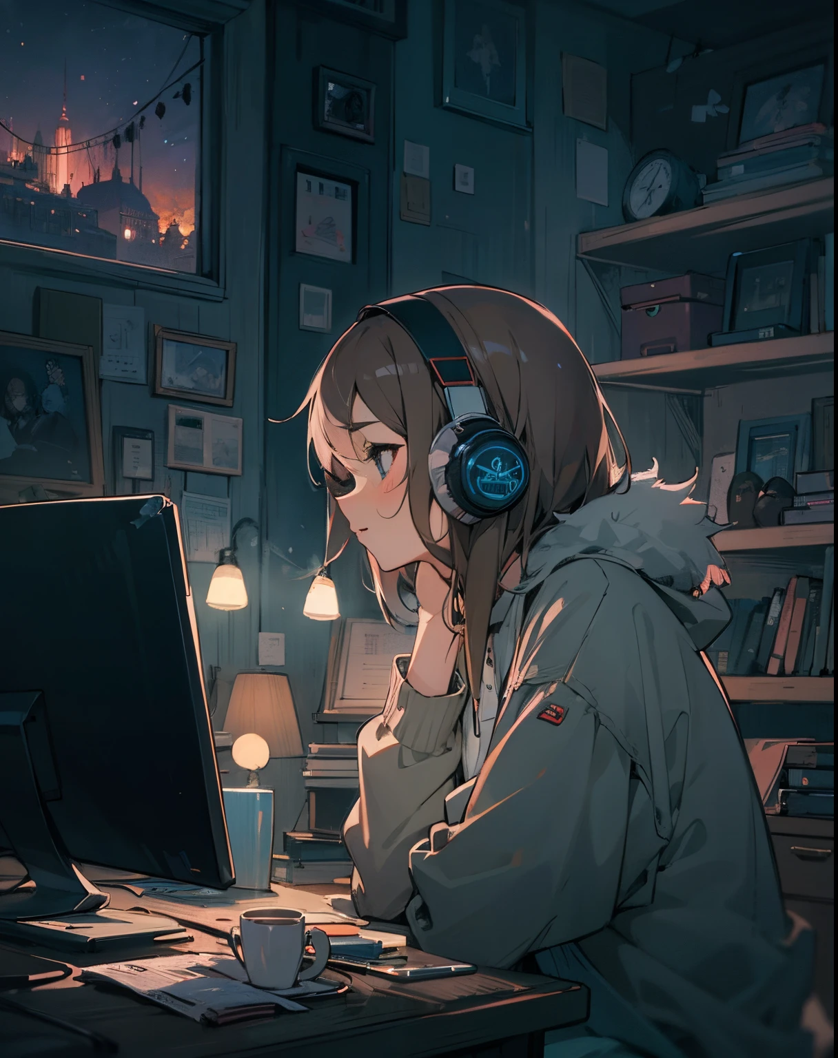 (Girl listening to music in a cozy room at night), Using headphones, 2D anime style, Lo-fi, highly detailed, Hard disk, anime style mixed with fuji film, hyper realistic, 8k, Masterpiece