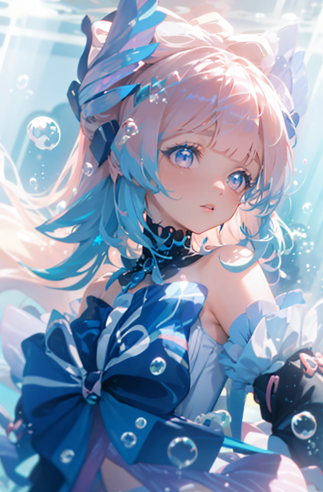 1 girl solo, long pink hair, translucent clothes, big blue bow on her chest, long wide sleeves, bare shoulders, long white socks, light purple eyes, pastel colors, underwater, bubbles, iridescent light rays underwater