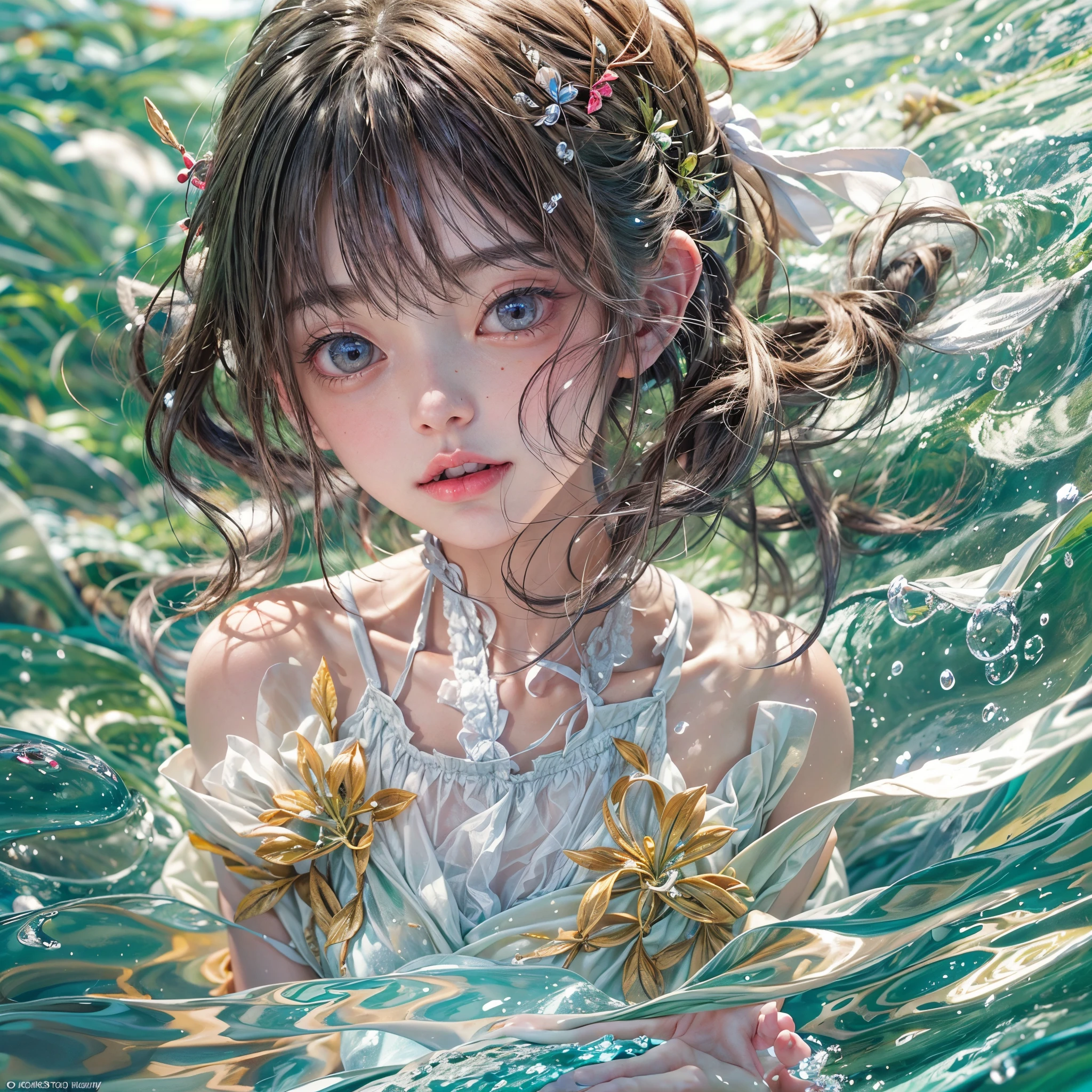 (8K, Original photography, Top image quality, masterpiece: 1.4), hyper HD, (Realistic, Reality: 1.48), realisticlying, A high resolution, softlighting. Tiny Girls, girl jumping into the water、Falling、splash water、shout、Luminous water surface、White and Vivid colors, under the mesmerizing back lighting, glistening ivory skin, sparkling highlights, Detailed KAWAII face with cute lips, long eyelashes, Delicate clothes, Detailed open crotch, (((Whole Body proportions and all limbs are anatomically accurate))) .